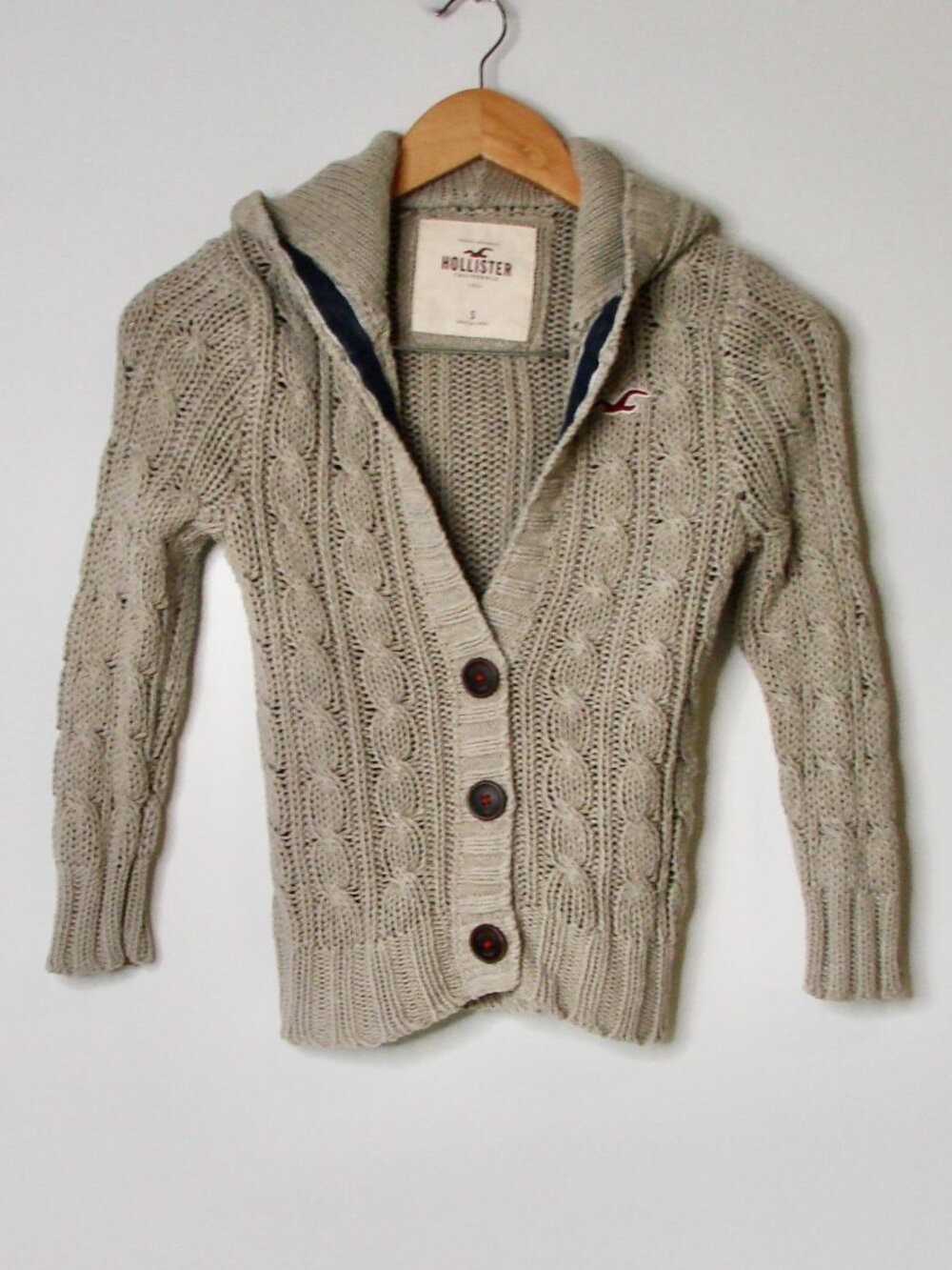Hollister California Gray Cable Knit Hoody Cardigan Sweater Y2K Buttons Small